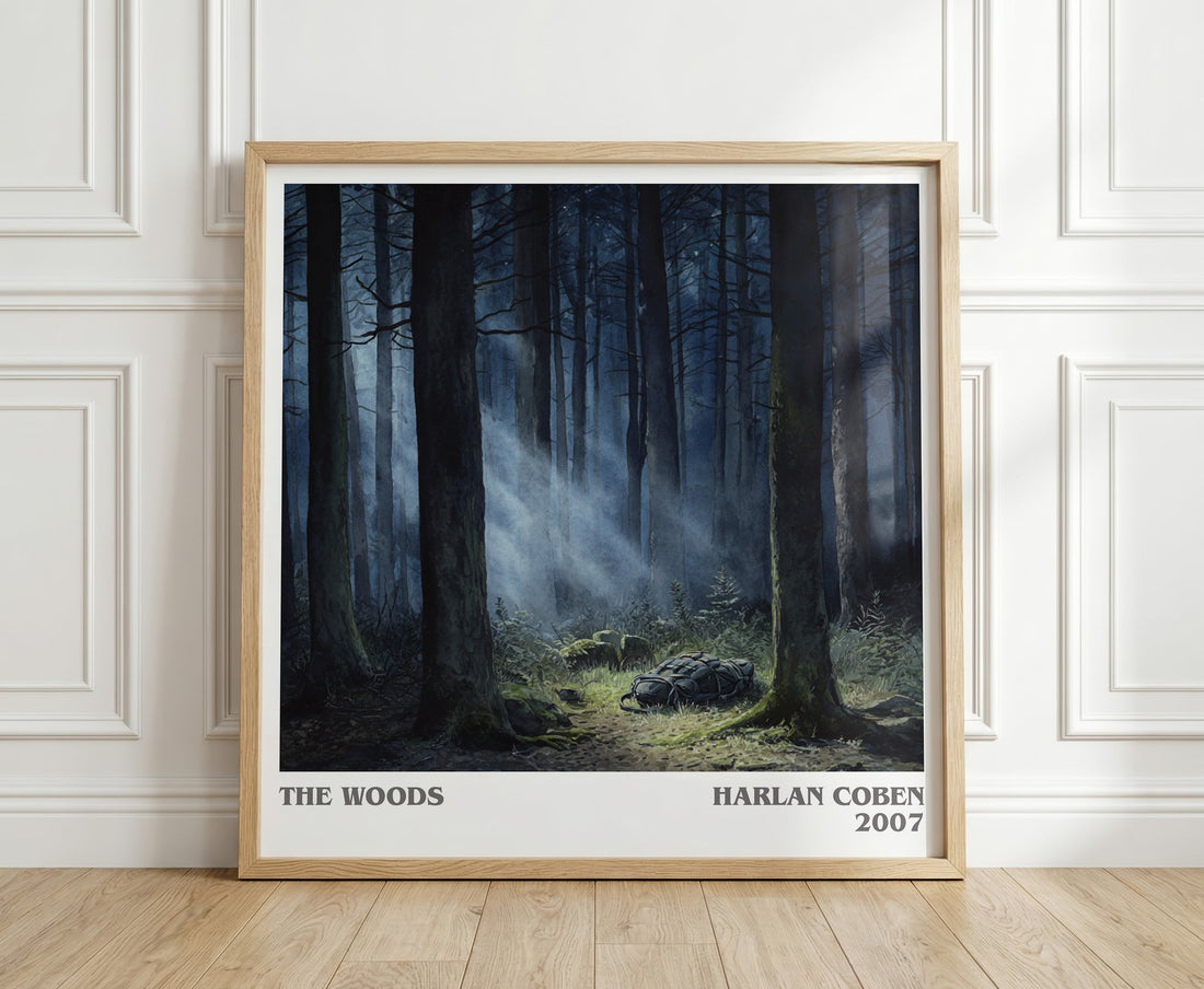The Woods literary print in frame leaning in hallway – thriller wall art (mockup)
