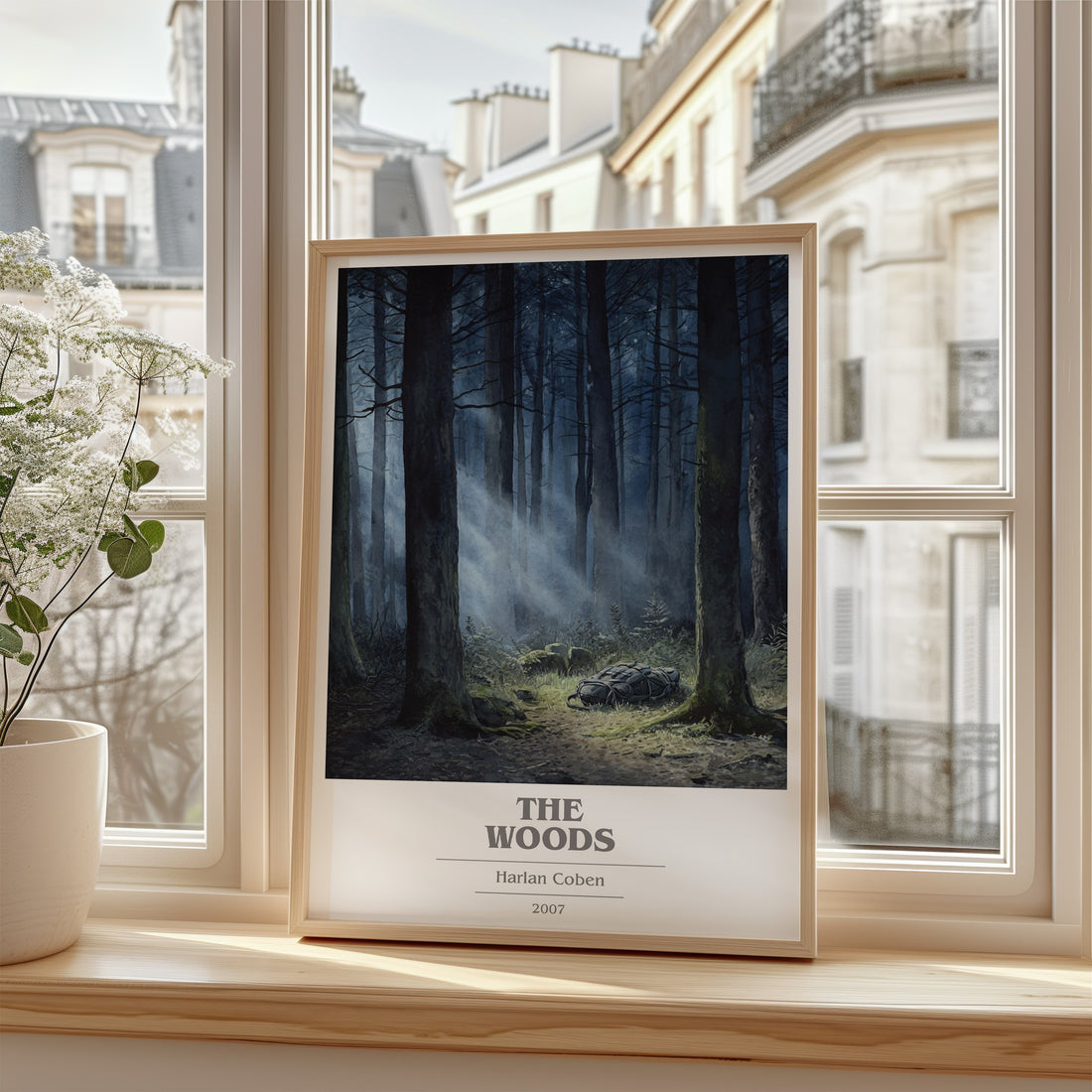 The Woods Book Cover Poster by Harlan Coben – framed print by a bright window