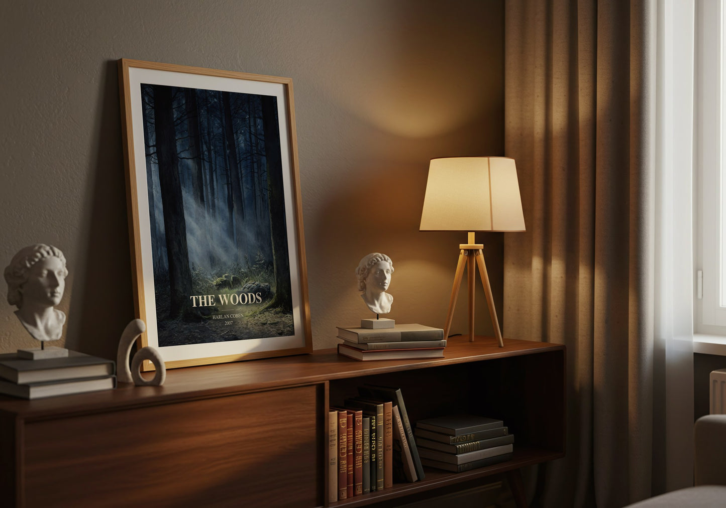The Woods watercolour print on bookshelf – Harlan Coben fan gift