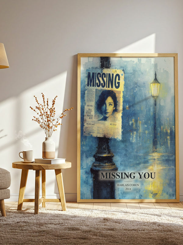 Missing You watercolour print in frame leaning in hallway – thriller wall art