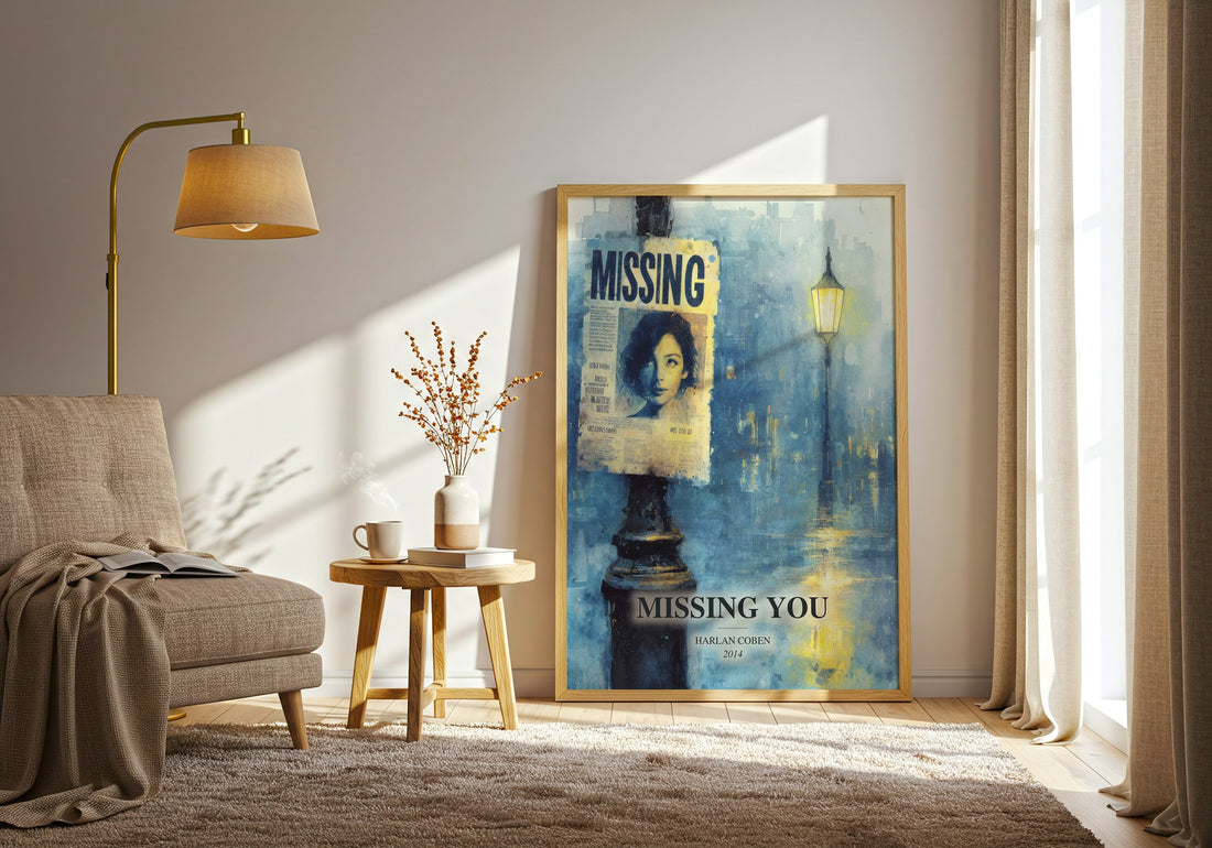 Missing You watercolour print in frame leaning in hallway – thriller wall art (mockup)