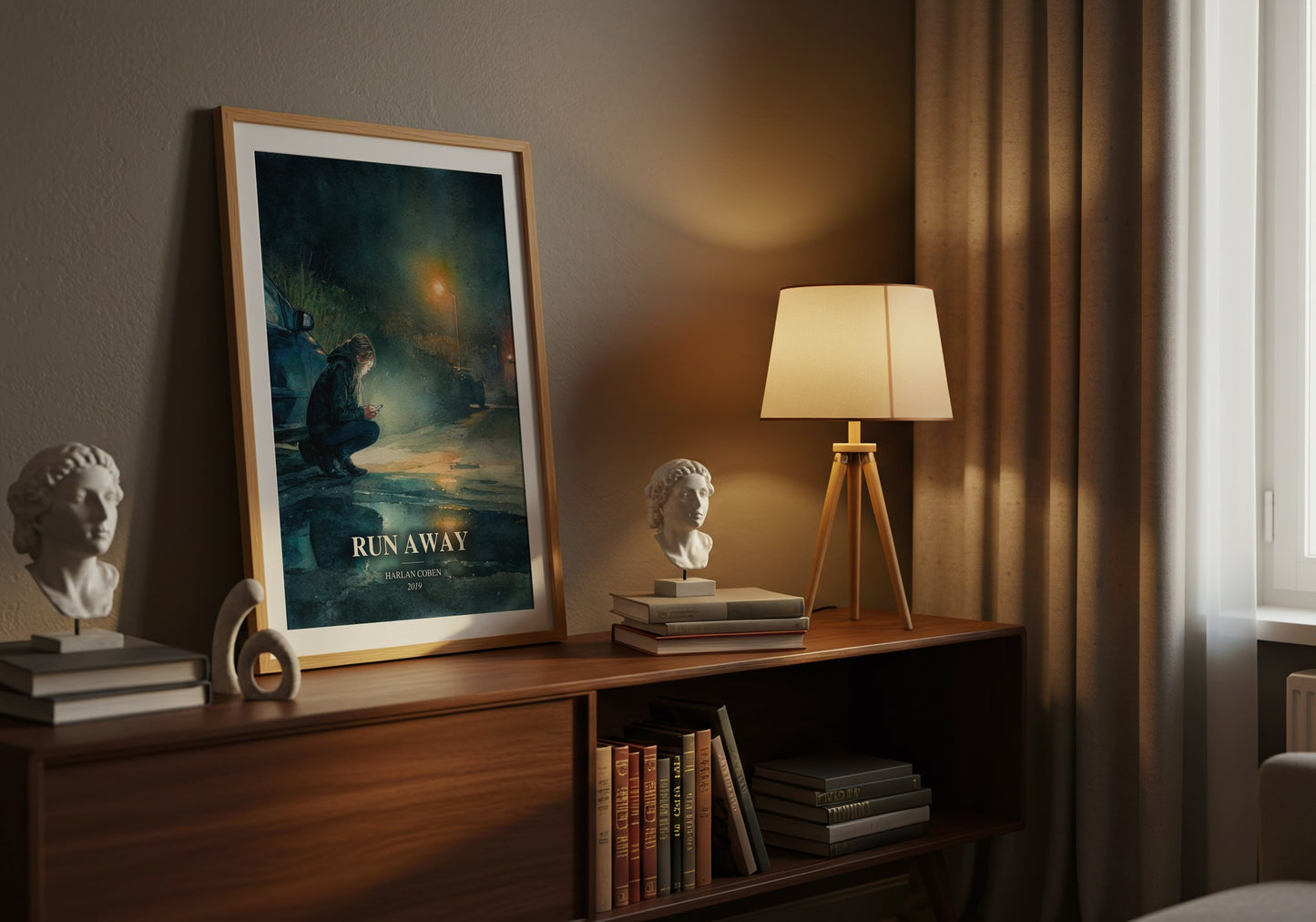Run Away watercolour print on bookshelf – Harlan Coben fan gift