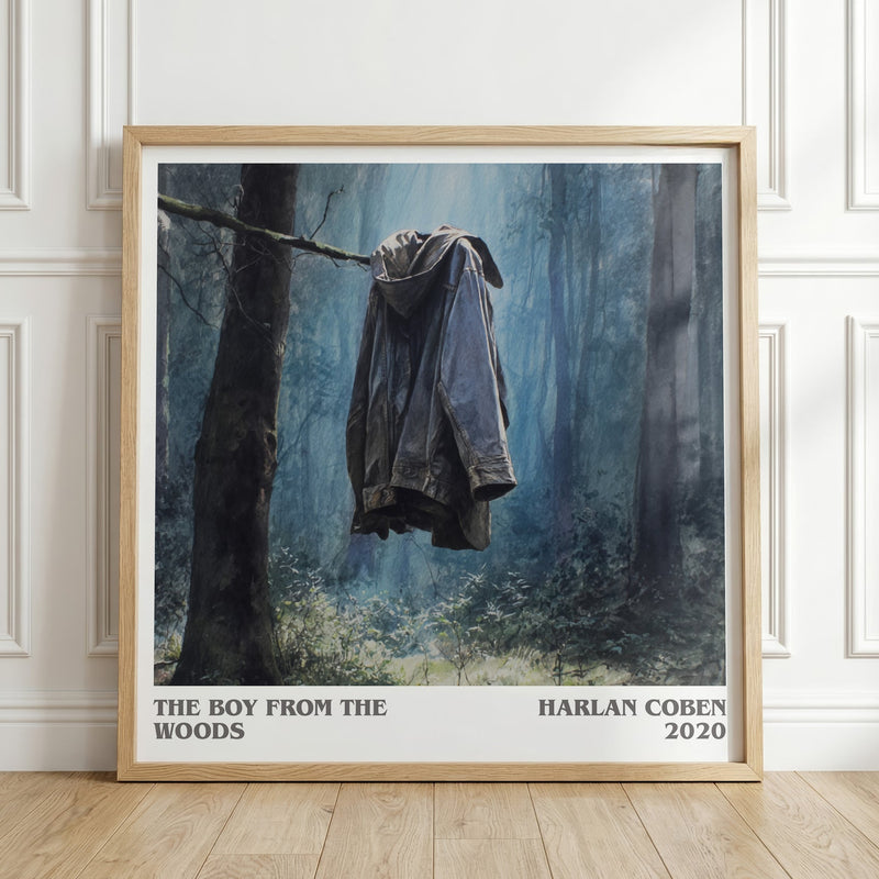 The Boy from the Woods literary print in frame leaning in hallway – thriller wall art