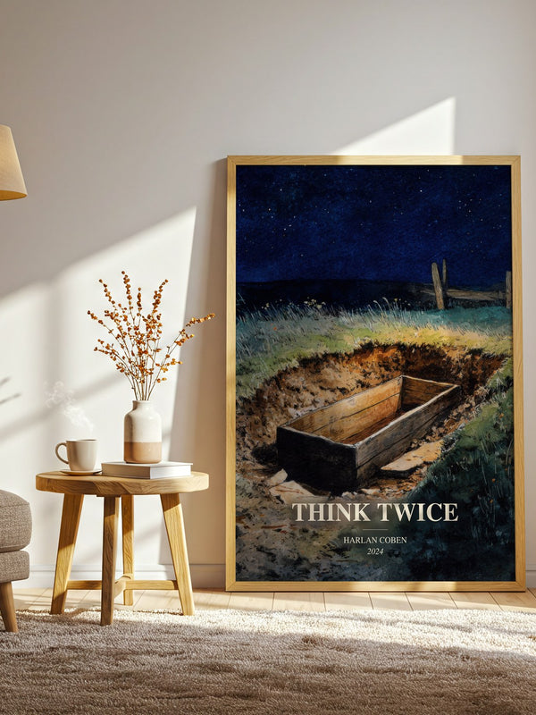 Think Twice watercolour print in frame leaning in hallway – thriller wall art