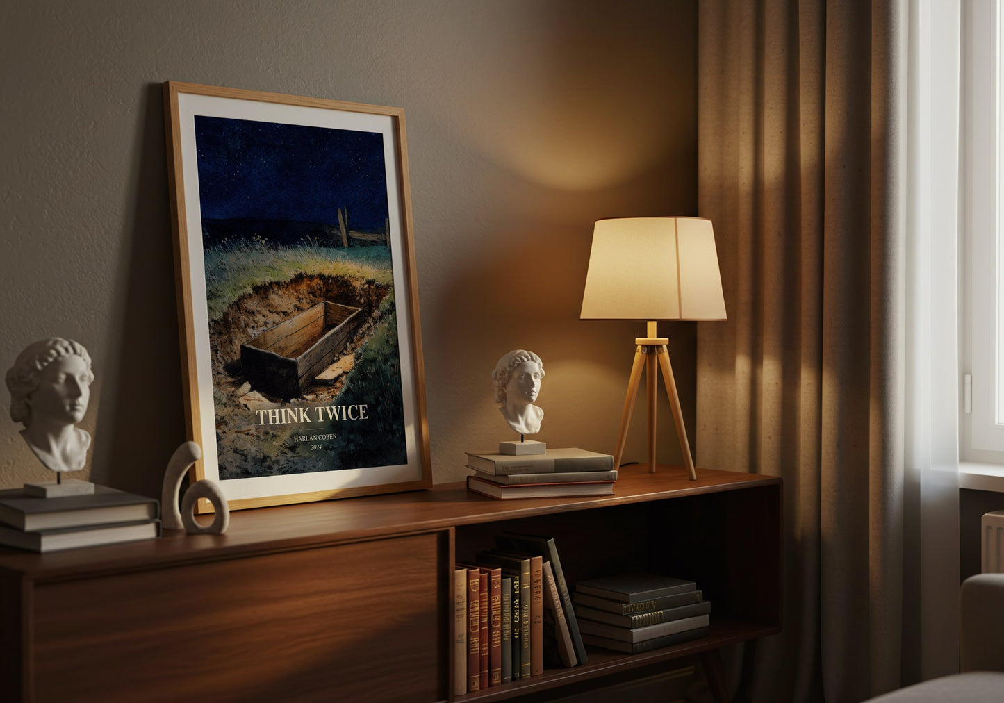 Think Twice watercolour print on bookshelf – Harlan Coben fan gift