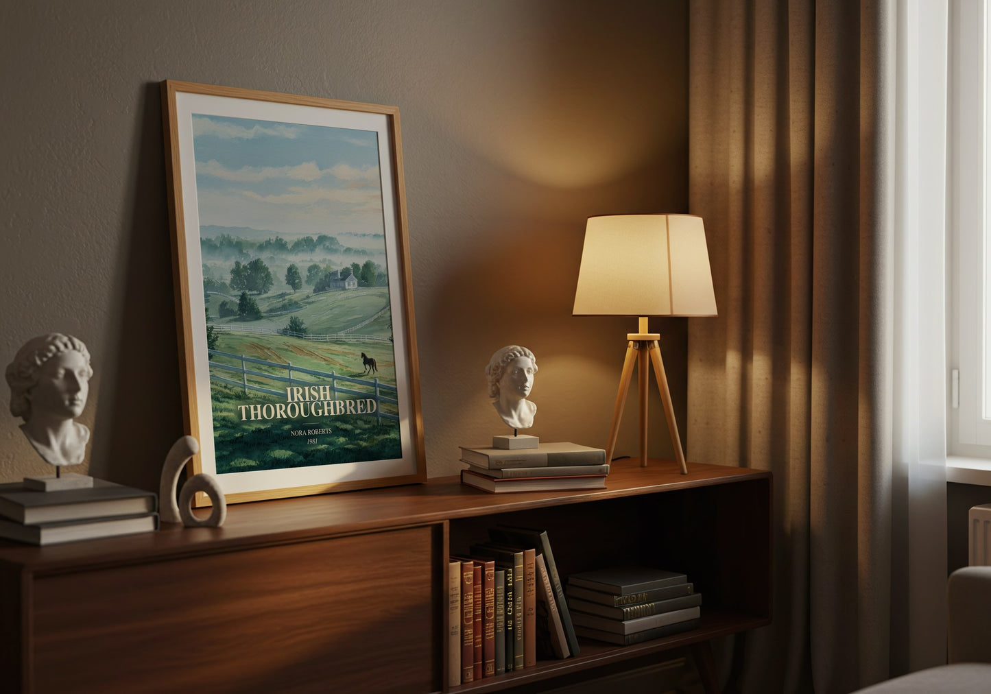 Irish Thoroughbred watercolour print on bookshelf – Nora Roberts fan gift