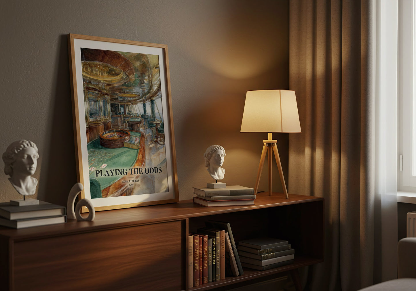Playing The Odds watercolour print on bookshelf – Nora Roberts fan gift