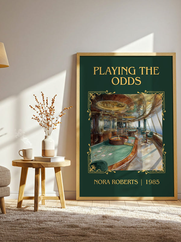 Playing the Odds classic book art print in frame leaning in hallway – romance wall art
