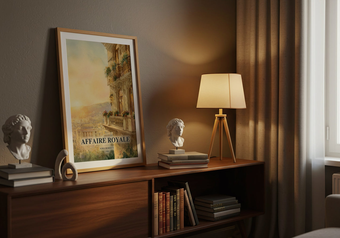 Affaire Royale watercolour print on bookshelf – Nora Roberts fan gift