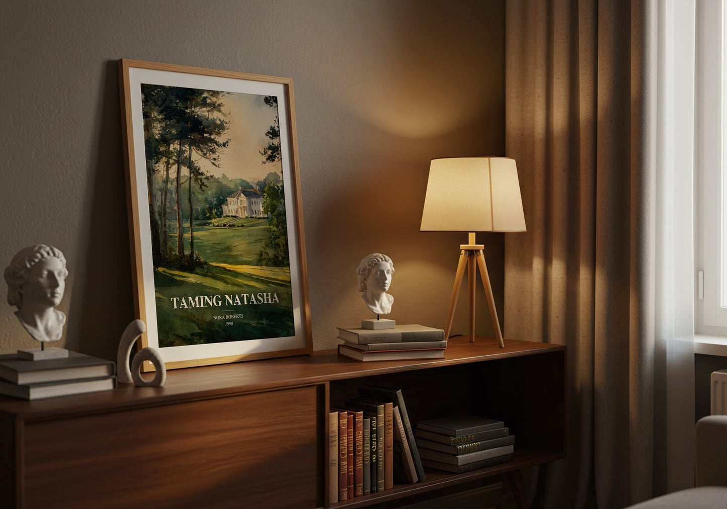 Taming Natasha watercolour print on bookshelf – Nora Roberts fan gift