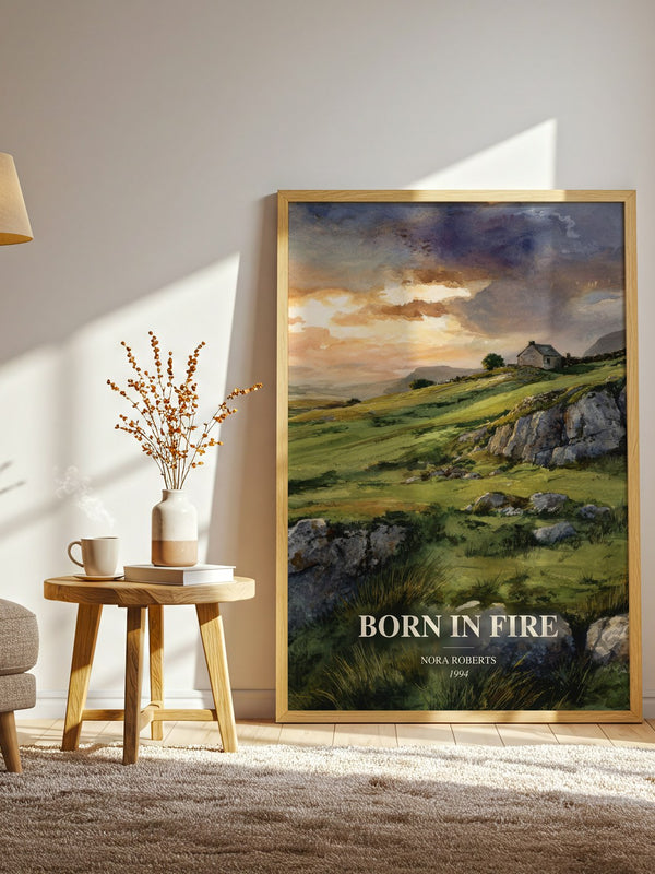 Born In Fire watercolour print in frame leaning in hallway – romance wall art