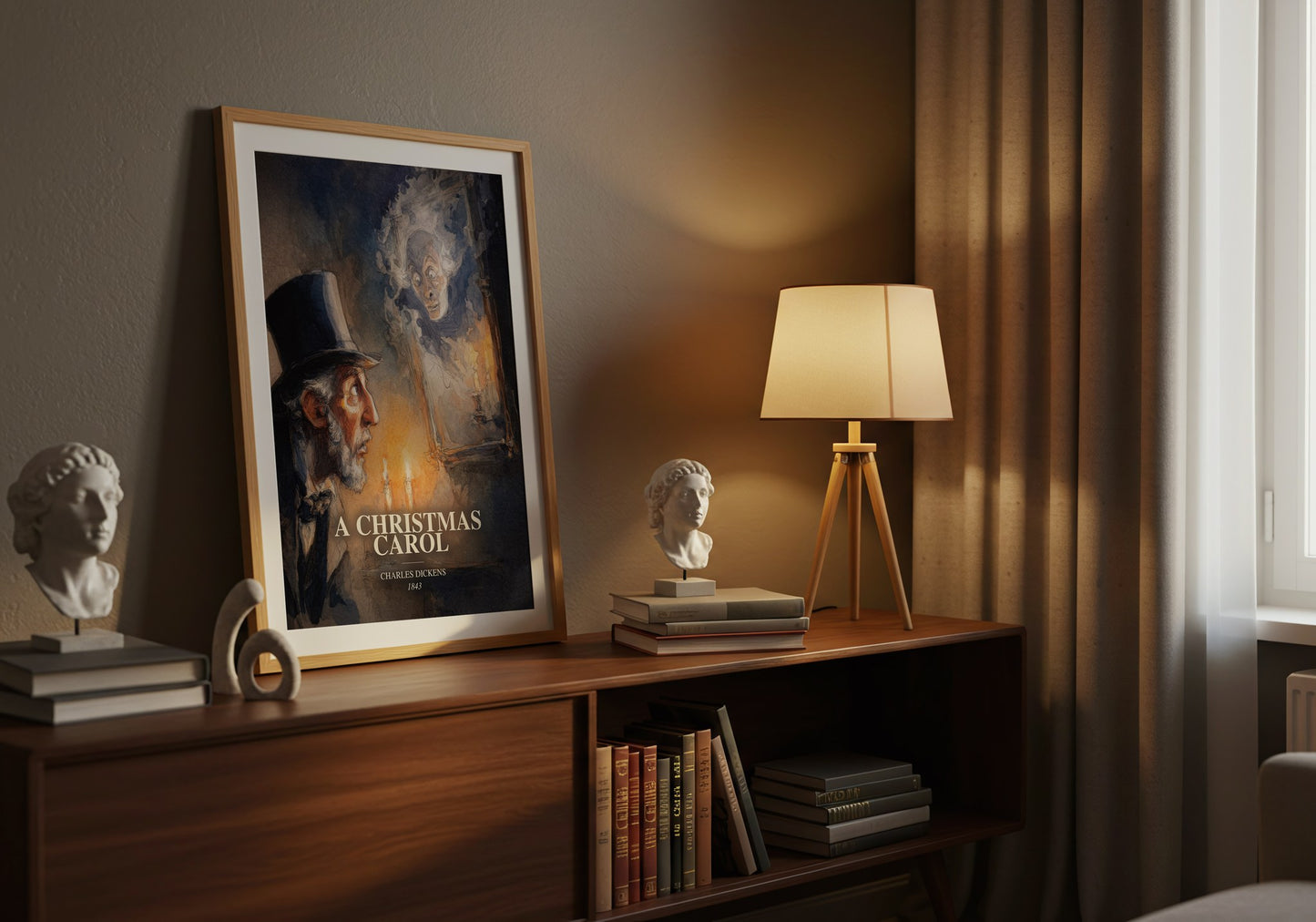 A Christmas Carol watercolour print on bookshelf – Charles Dickens fan gift