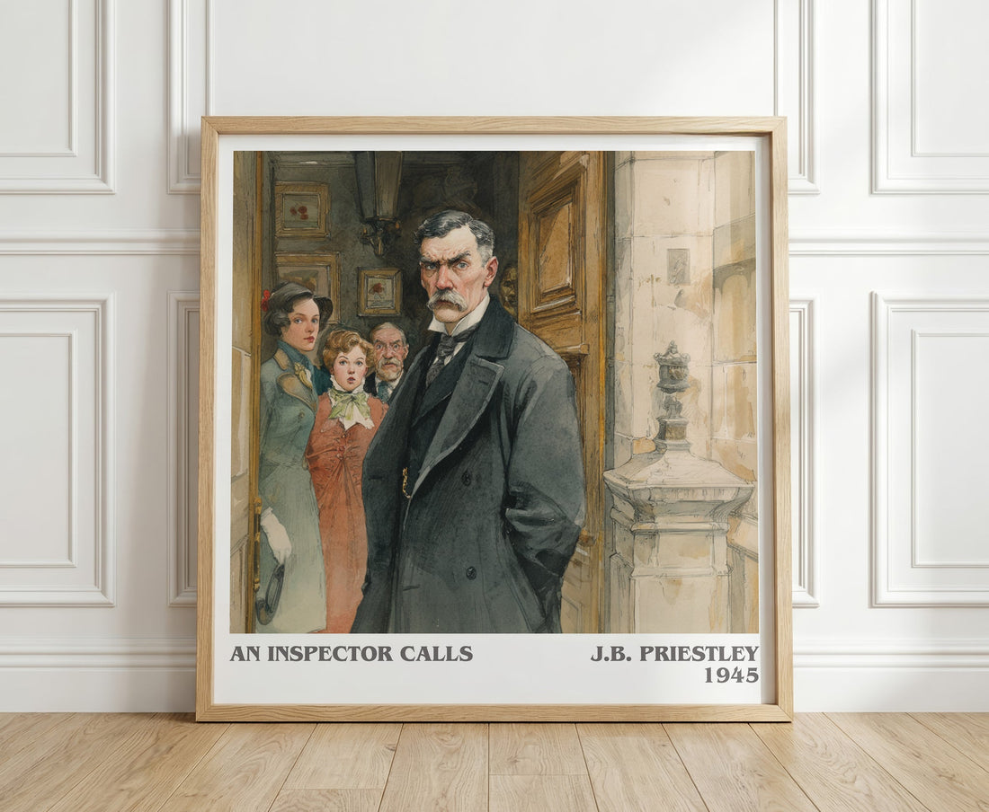An Inspector Calls literary print in frame leaning in hallway – classic literature wall art (mockup)