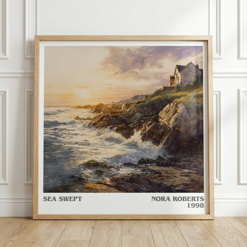Sea Swept literary print in frame leaning in hallway – romance wall art
