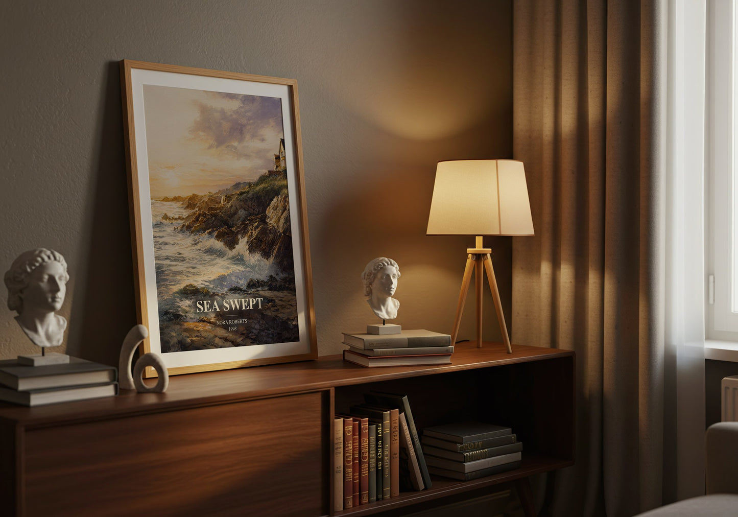 Sea Swept watercolour print on bookshelf – Nora Roberts fan gift