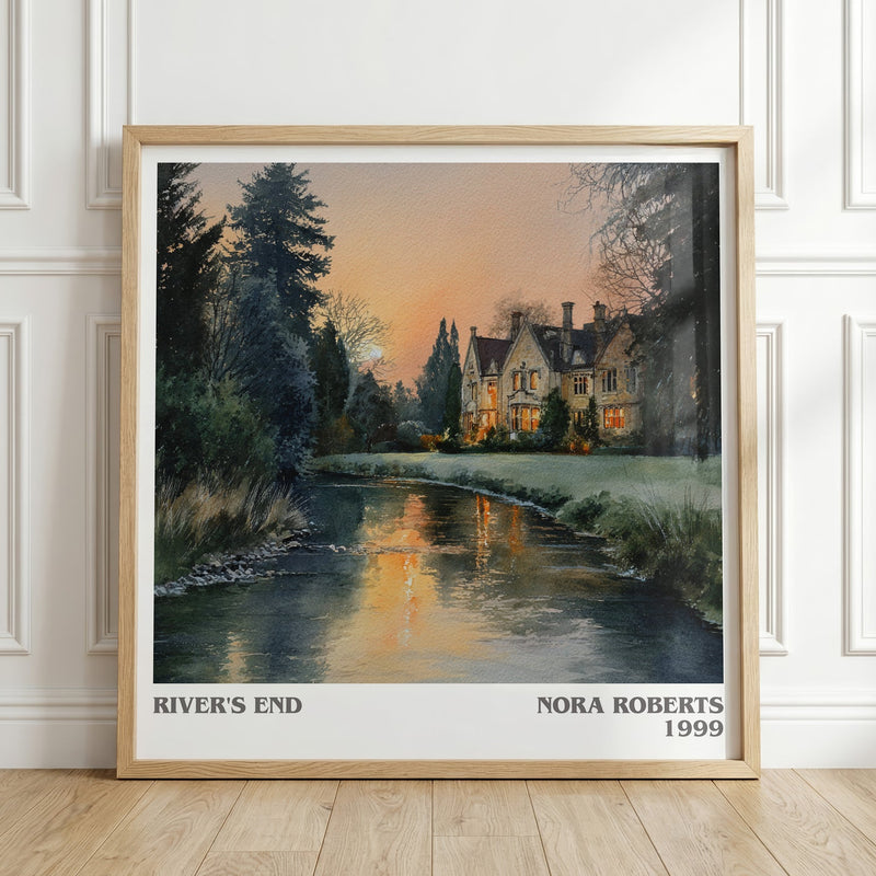 River's End literary print in frame leaning in hallway – thriller wall art