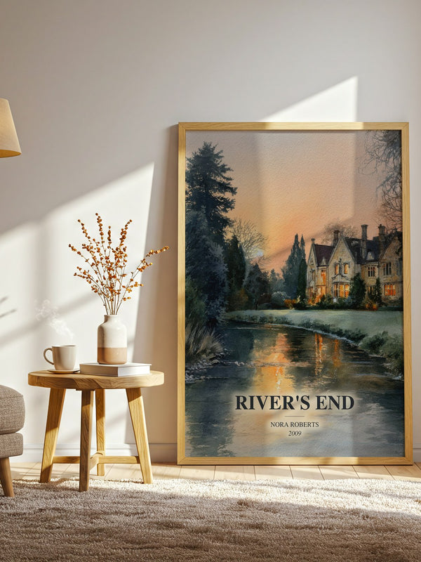 River'S End watercolour print in frame leaning in hallway – thriller wall art