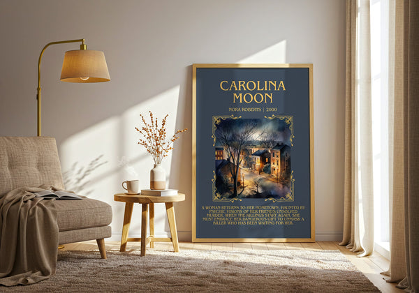 Carolina Moon minimalist print in frame leaning in hallway – romance wall art