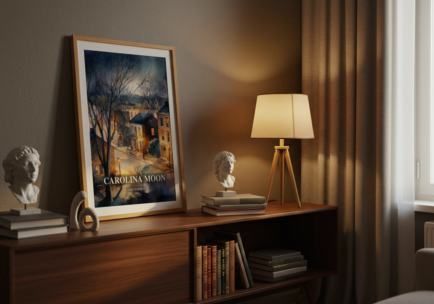 Carolina Moon watercolour print on bookshelf – Nora Roberts fan gift