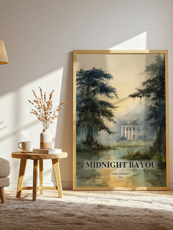 Midnight Bayou watercolour print in frame leaning in hallway – romance wall art