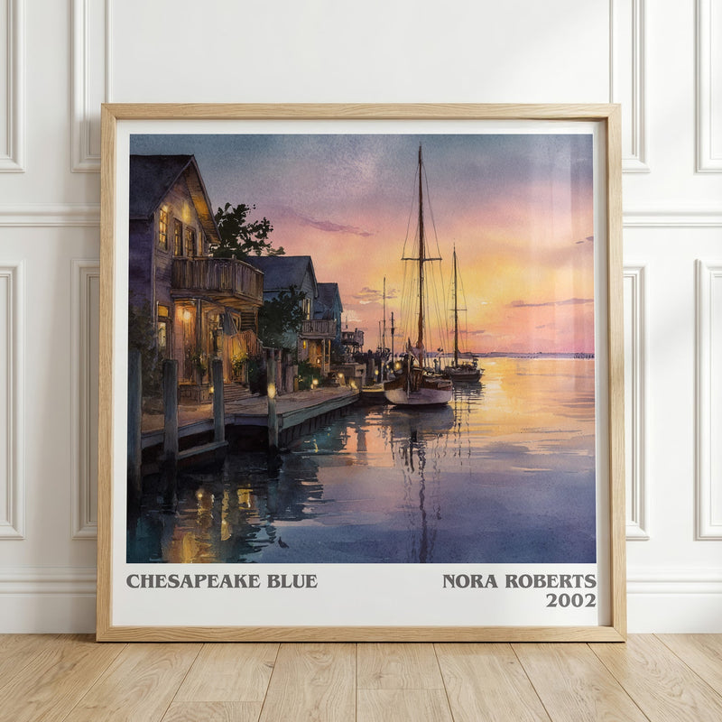 Chesapeake Blue literary print in frame leaning in hallway – romance wall art