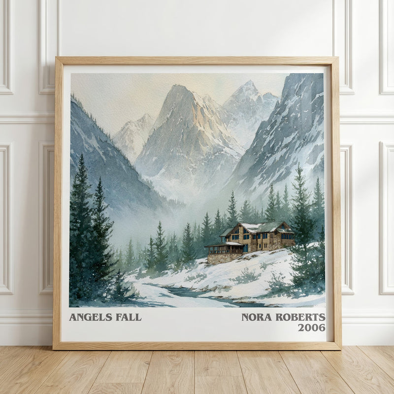 Angels Fall literary print in frame leaning in hallway – romance wall art