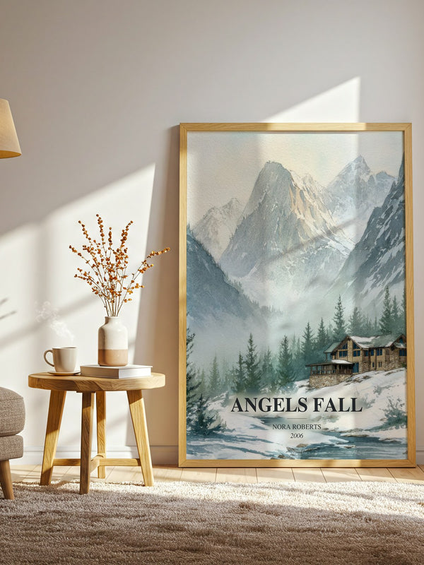 Angels Fall watercolour print in frame leaning in hallway – thriller wall art