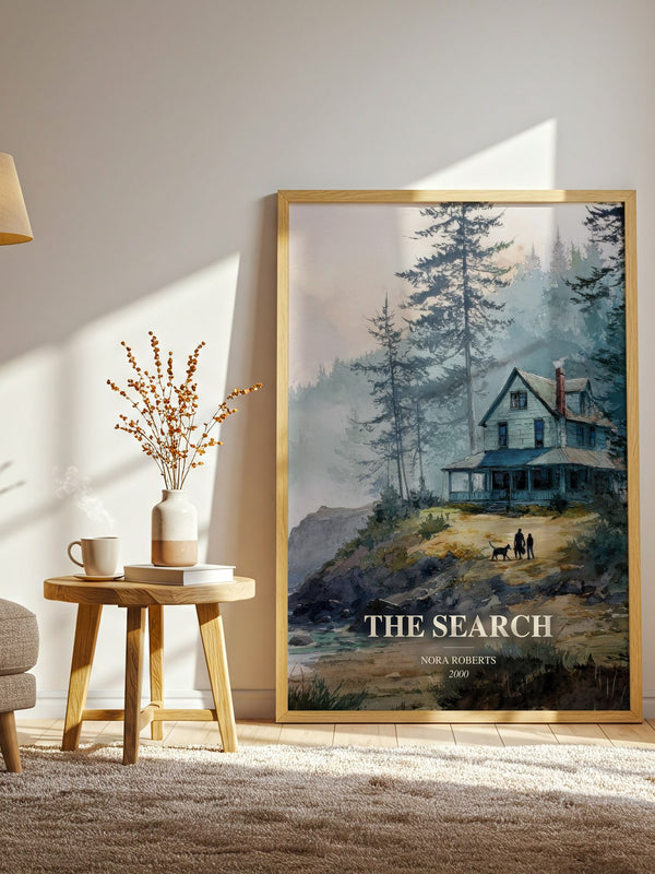 The Search watercolour print in frame leaning in hallway – romance wall art