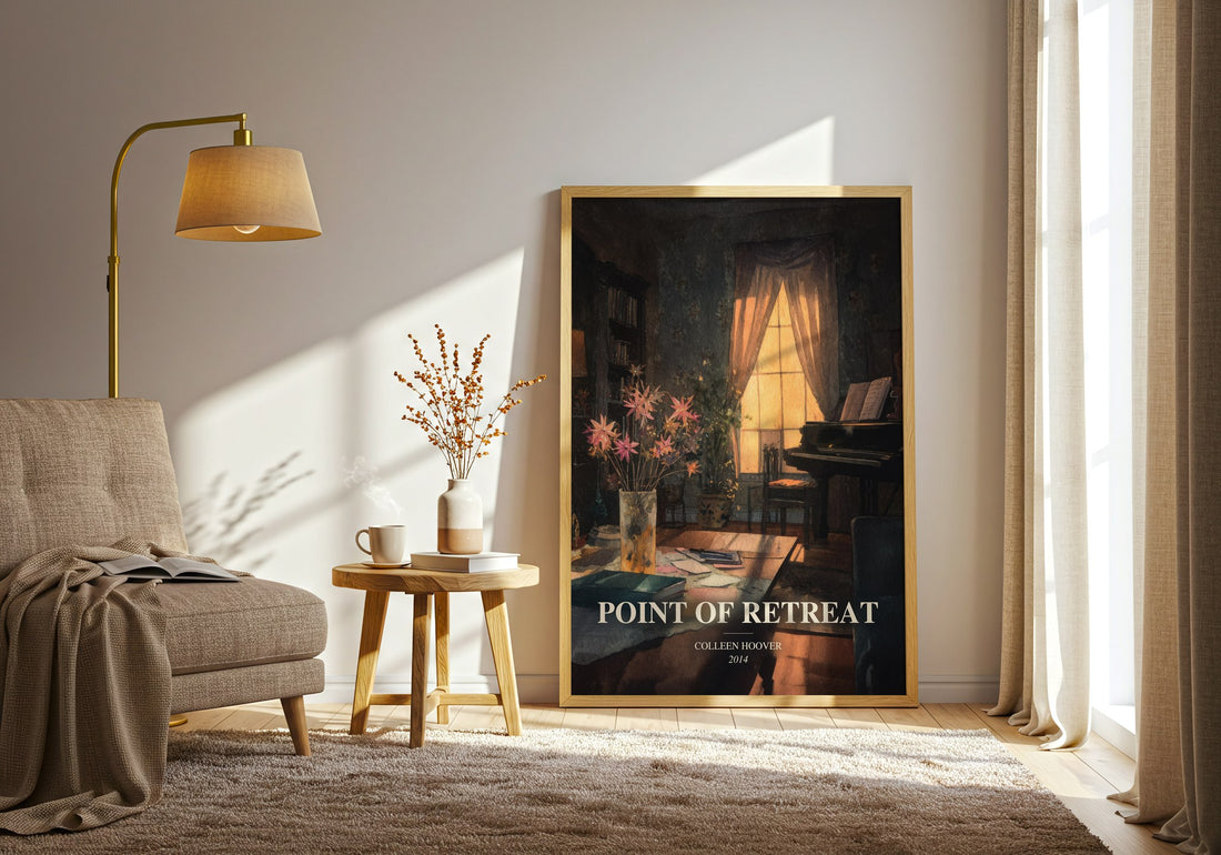 Point Of Retreat watercolour print in frame leaning in hallway – contemporary fiction wall art (mockup)