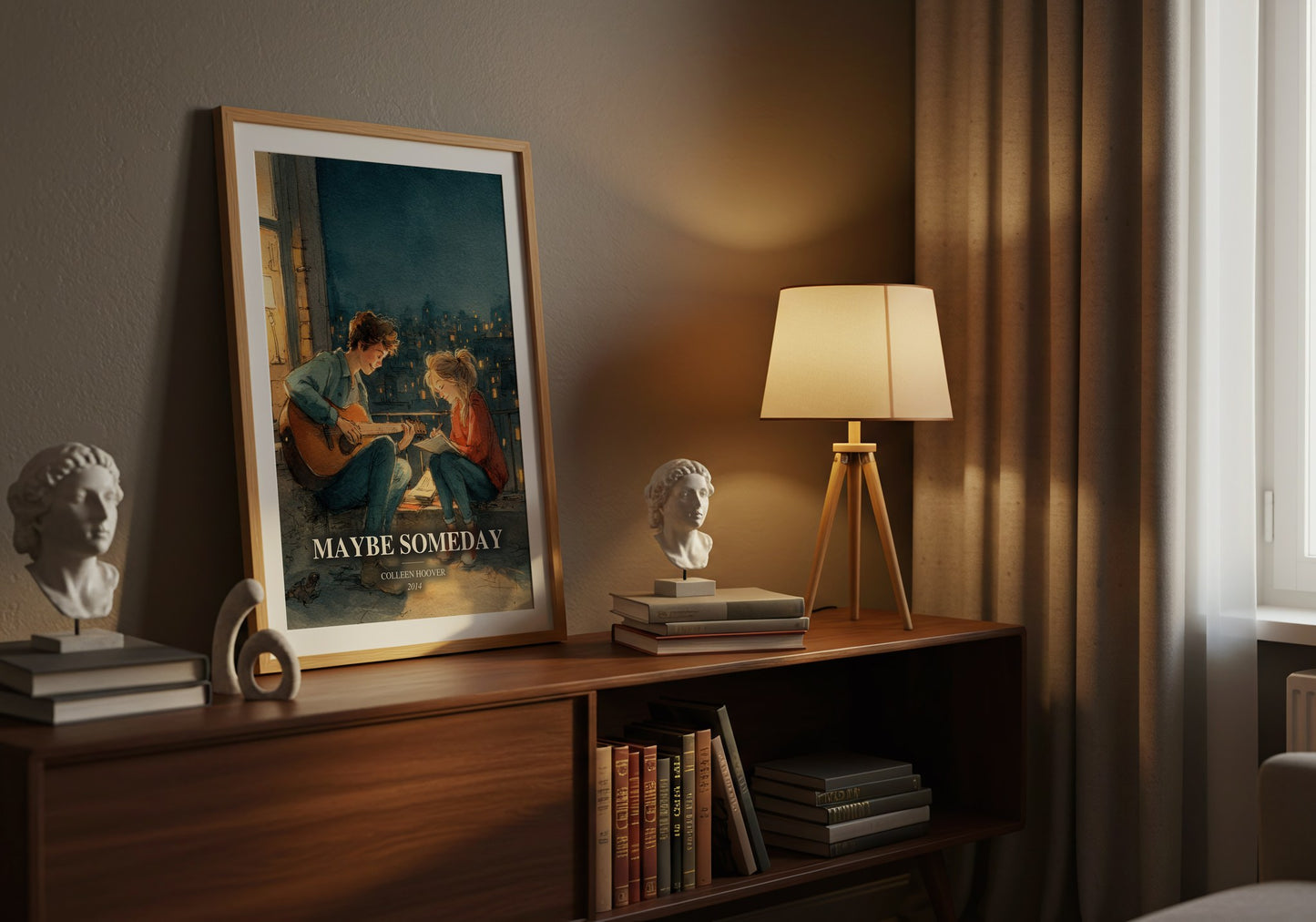Maybe Someday watercolour print on bookshelf – Colleen Hoover fan gift