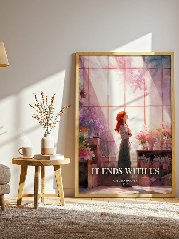 It Ends With Us watercolour print in frame leaning in hallway – contemporary fiction wall art