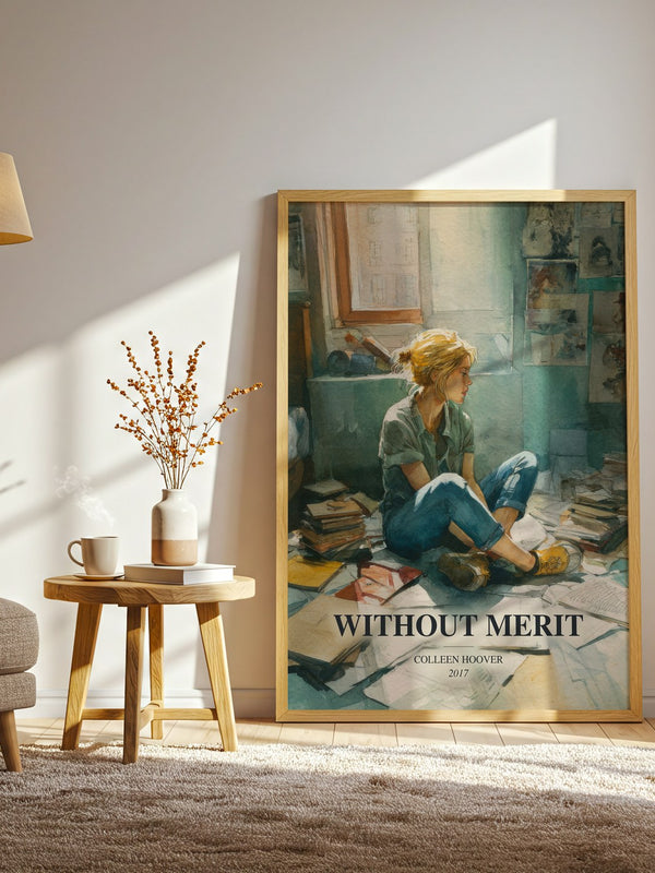 Without Merit watercolour print in frame leaning in hallway – contemporary fiction wall art