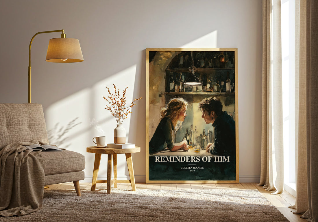 Reminders Of Him watercolour print in frame leaning in hallway – contemporary fiction wall art (mockup)
