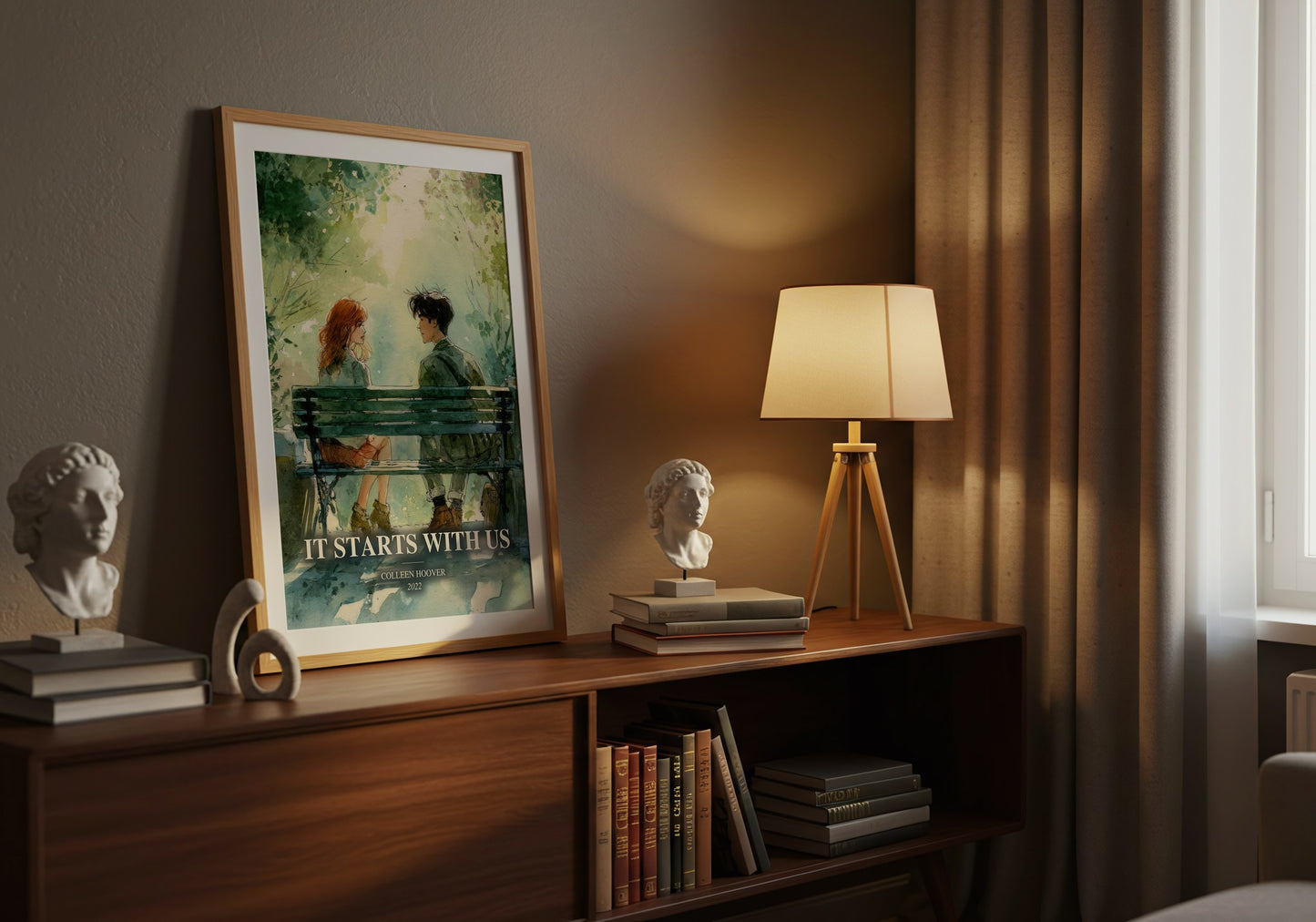 It Starts With Us watercolour print on bookshelf – Colleen Hoover fan gift