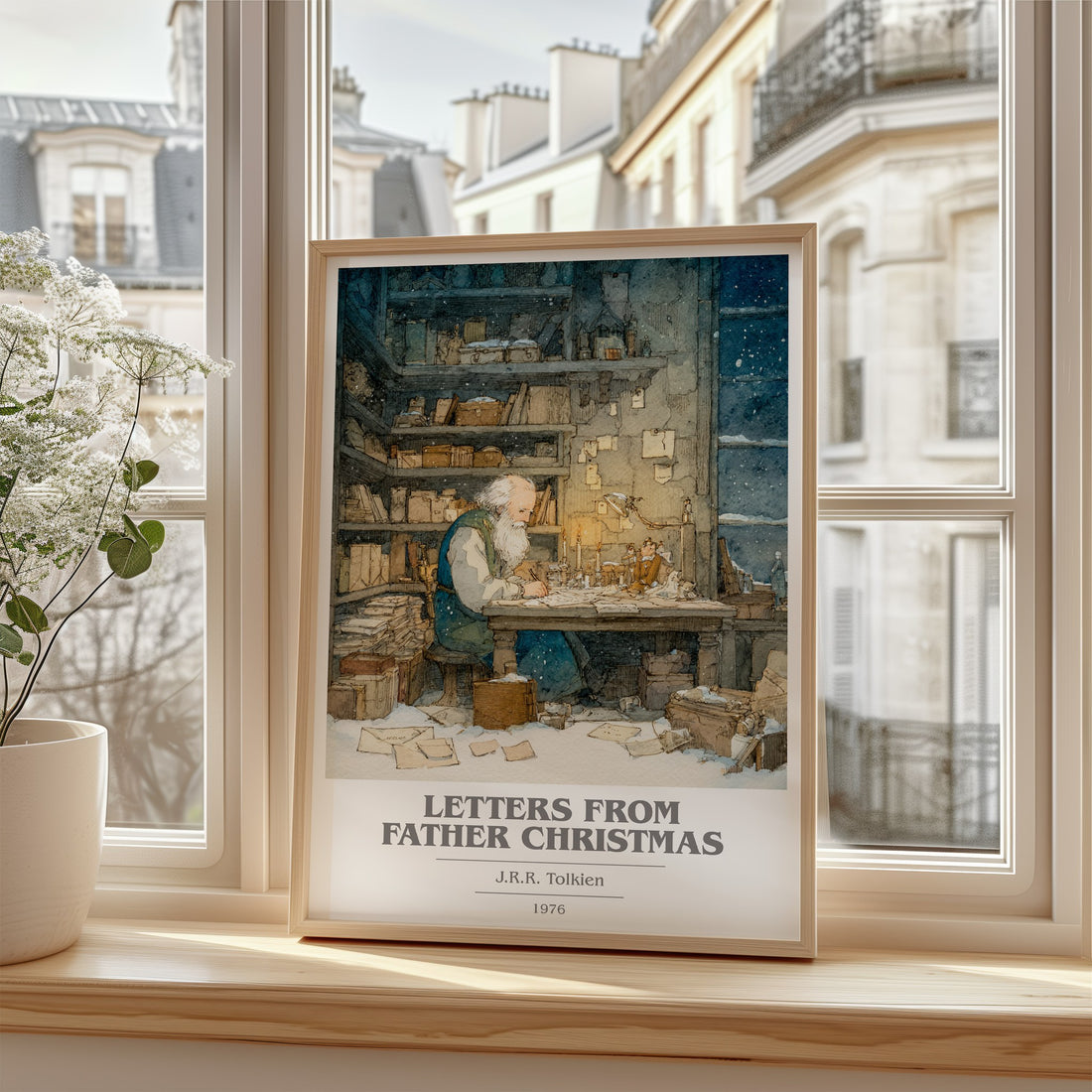 Letters from Father Christmas Book Cover Poster by J. R. R. Tolkien – framed print by a bright window