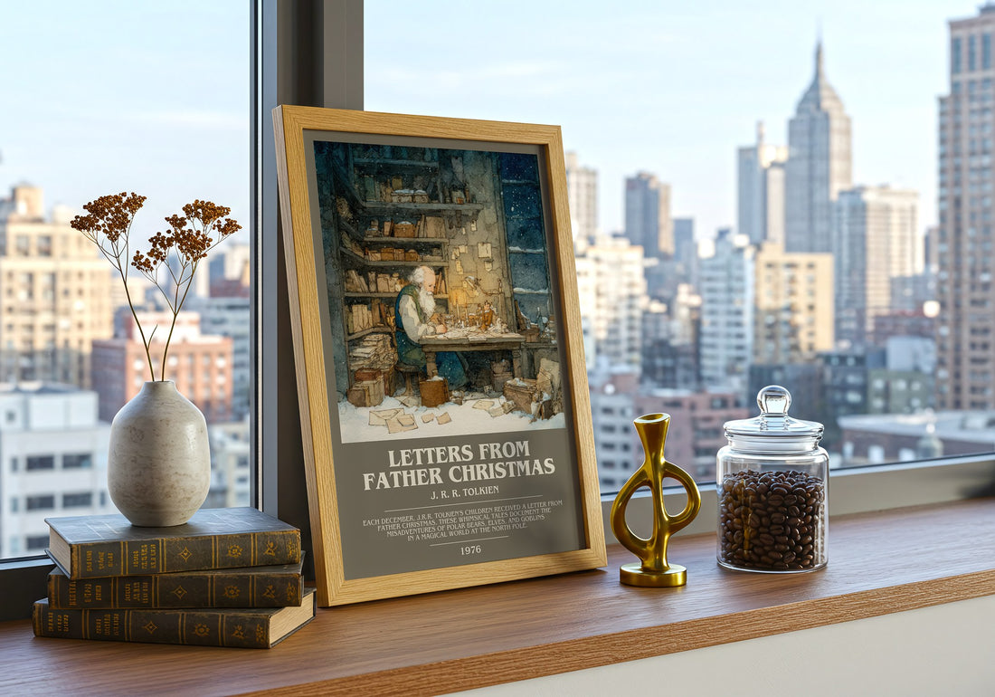 Letters from Father Christmas Bookish Wall Art by J. R. R. Tolkien – framed print on a city-view windowsill