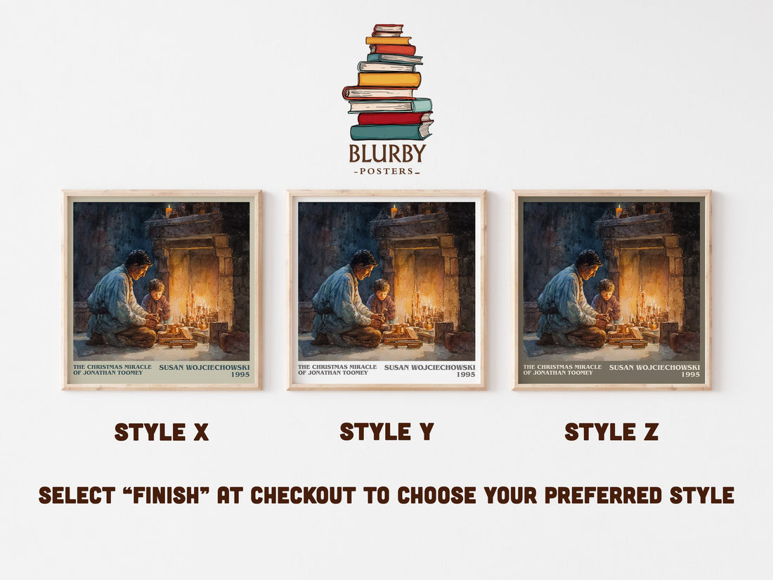 The Christmas Miracle of Jonathan Toomey literary print in frame leaning in hallway – childrens wall art (mockup)