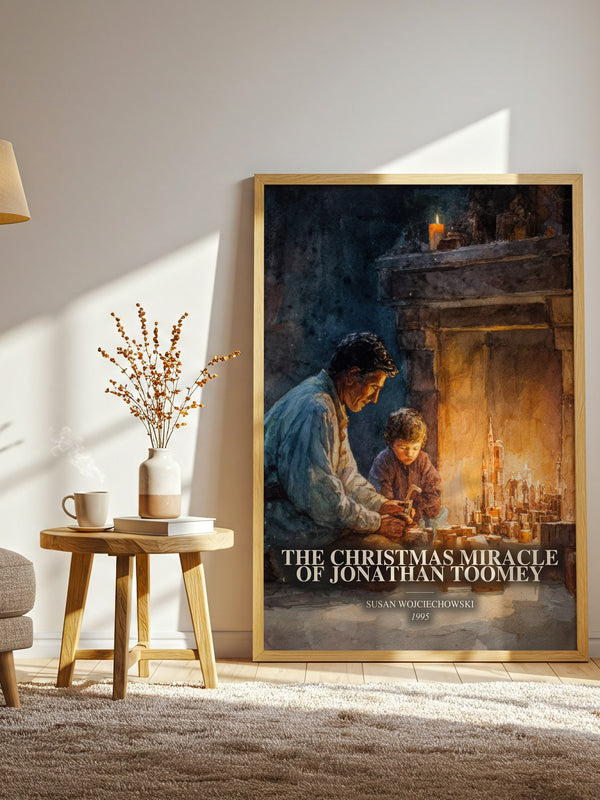 The Christmas Miracle Of Jonathan Toomey watercolour print in frame leaning in hallway – childrens wall art