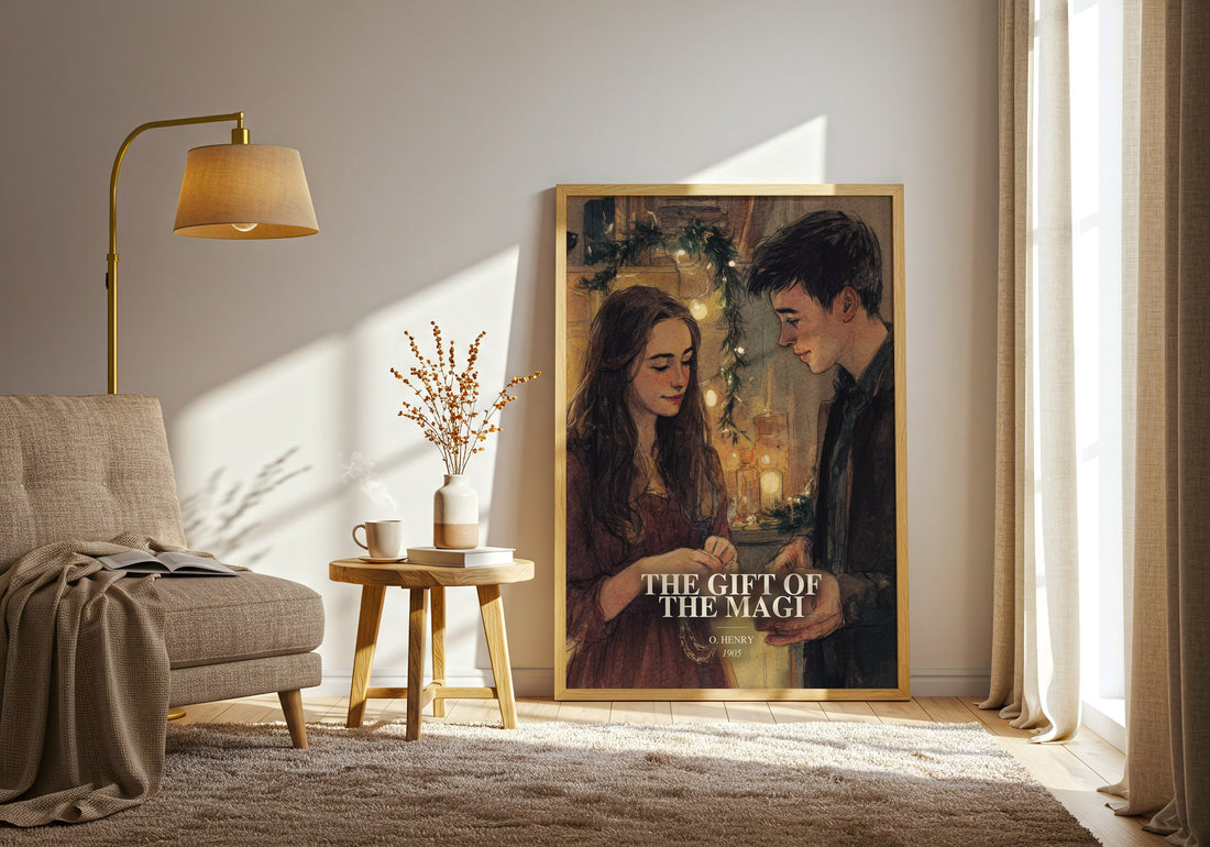 The Gift Of The Magi watercolour print in frame leaning in hallway – classic literature wall art (mockup)