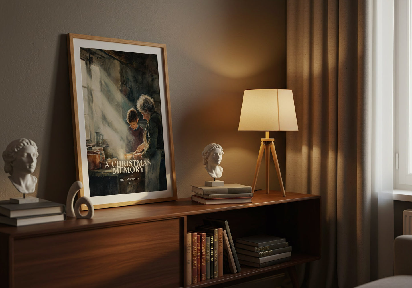 A Christmas Memory watercolour print on bookshelf – Truman Capote fan gift
