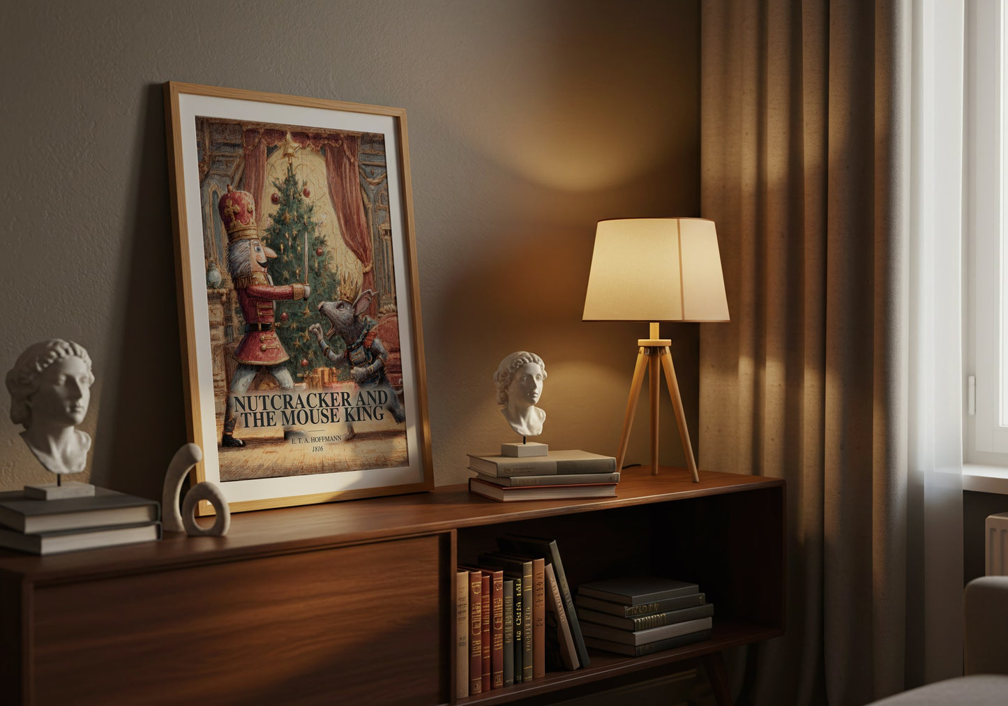 Nutcracker And The Mouse King watercolour print on bookshelf – E. T. A. Hoffmann fan gift