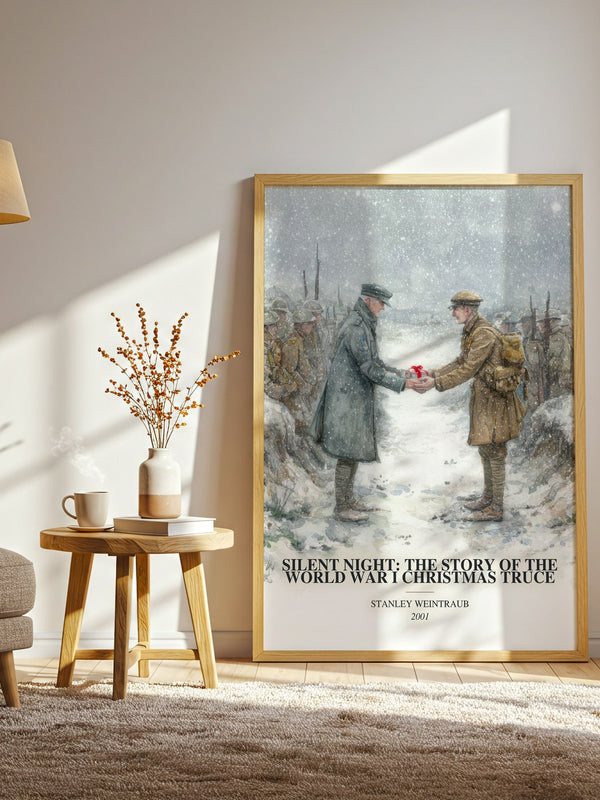 Silent Night: The Story Of The World War I Christmas Truce watercolour print in frame leaning in hallway – non fiction wall