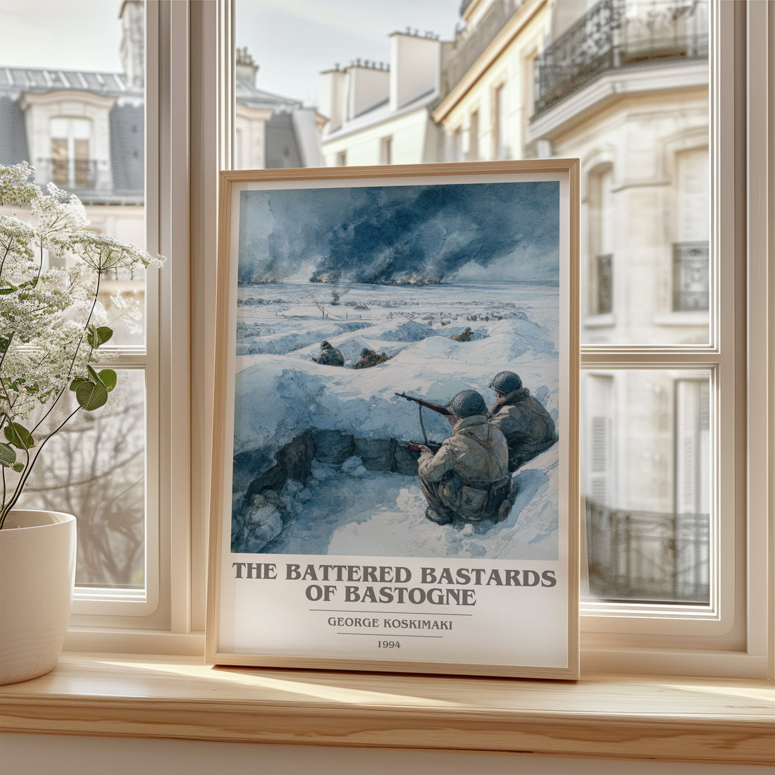 Battered Bastards Of Bastogne Book Cover Poster by George Koskimaki – framed print by a bright window