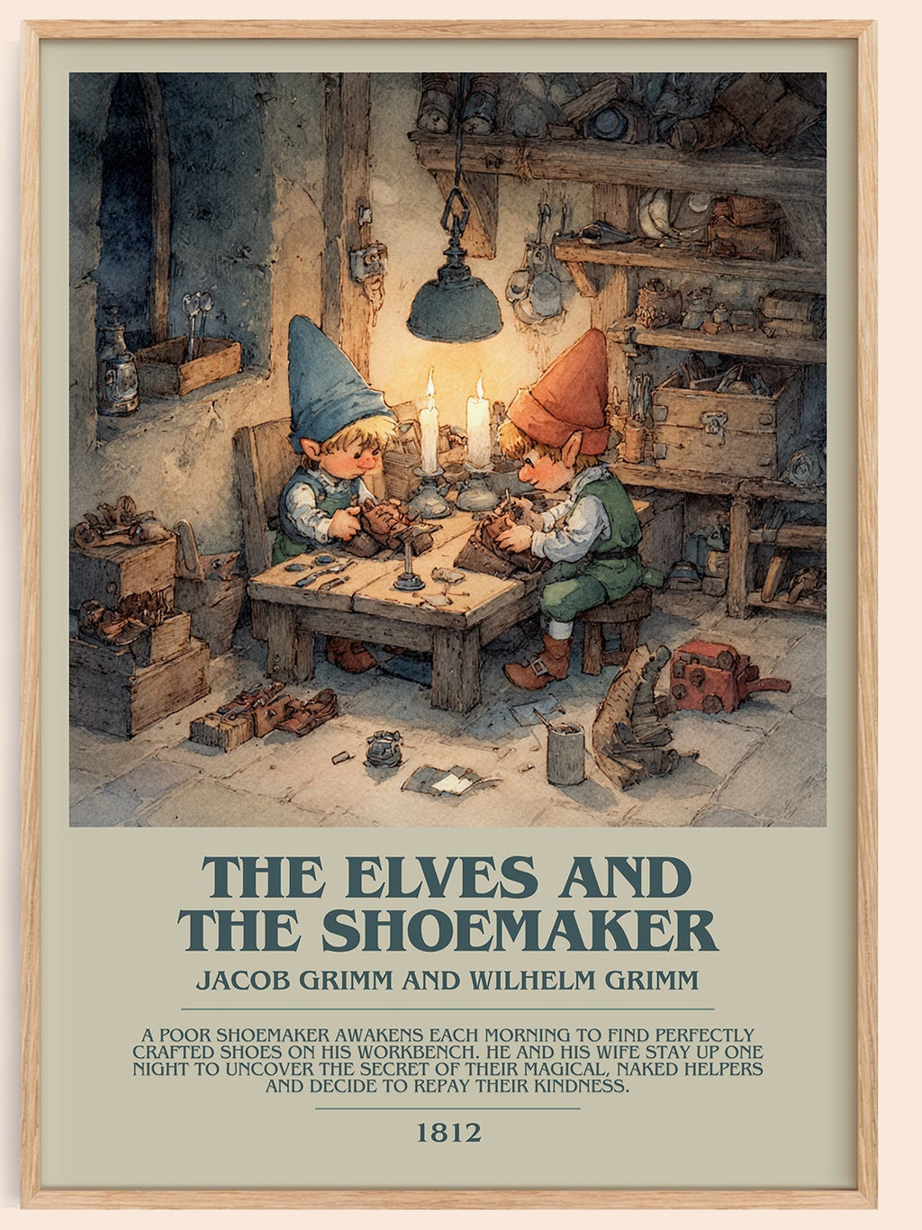 The Elves and the Shoemaker bookish book poster by Jacob Grimm – framed literary art print