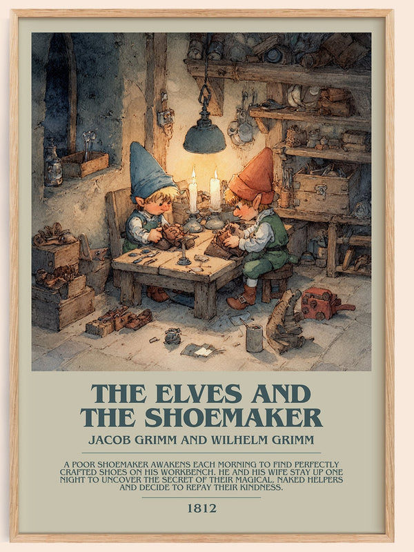 The Elves and the Shoemaker bookish book poster by Jacob Grimm – framed literary art print