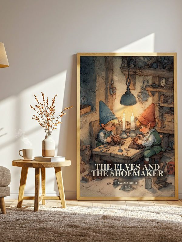 The Elves And The Shoemaker watercolour print in frame leaning in hallway – childrens wall art