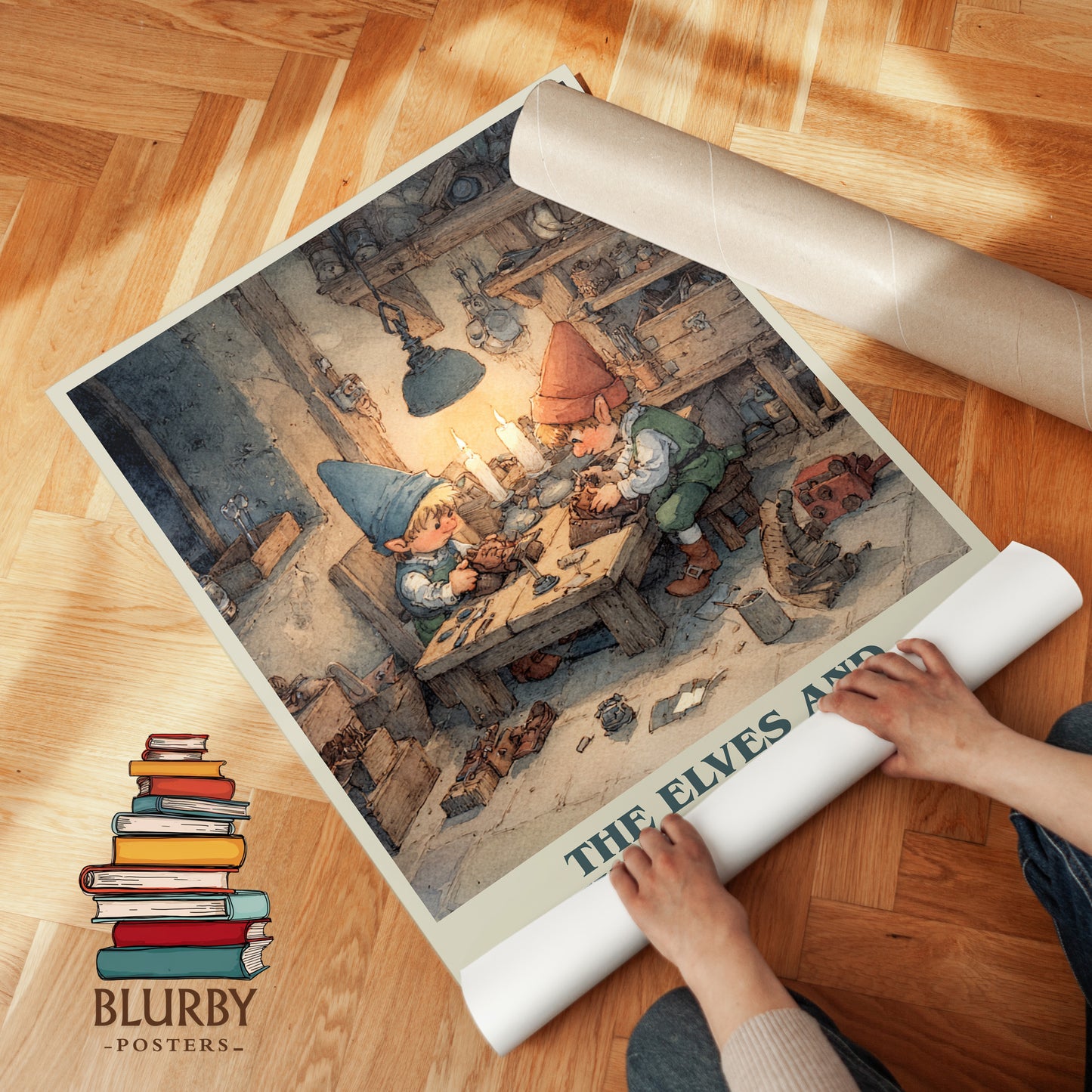 The Elves and the Shoemaker book cover print on bookshelf – Jacob Grimm fan gift