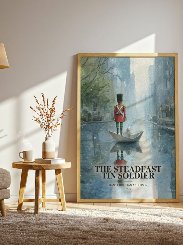 The Steadfast Tin Soldier watercolour print in frame leaning in hallway – childrens wall art