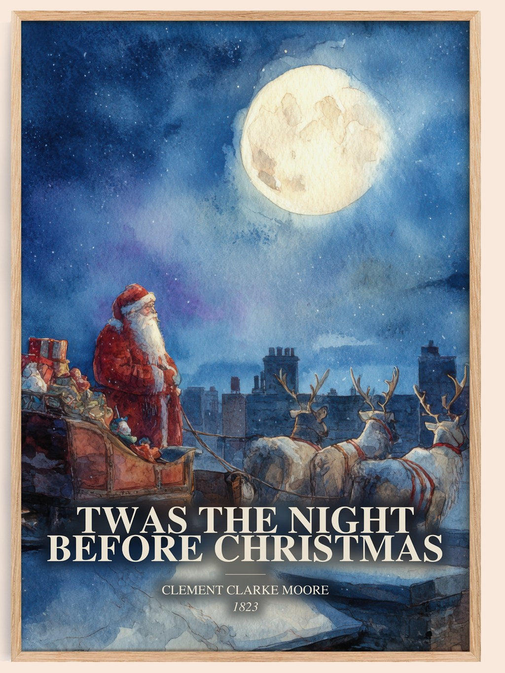 Twas The Night Before Christmas watercolour book poster by Clement Clarke Moore – framed literary art print