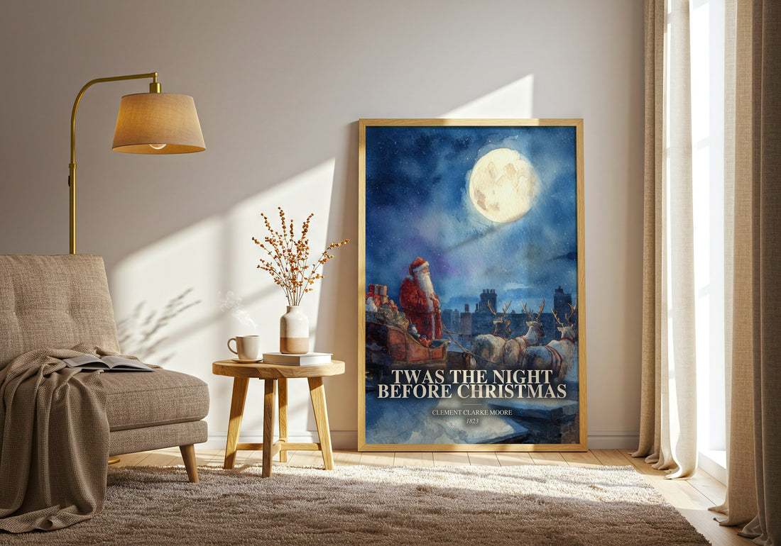 Twas The Night Before Christmas watercolour print in frame leaning in hallway – poetry wall art (mockup)